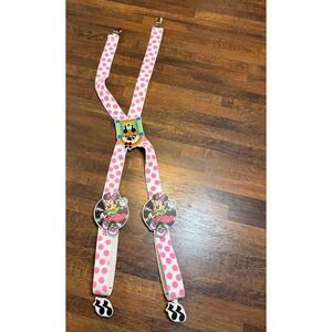 Vintage 90s Y2K Minnie & Mickey Mouse pink polka dot suspenders. Adjustable